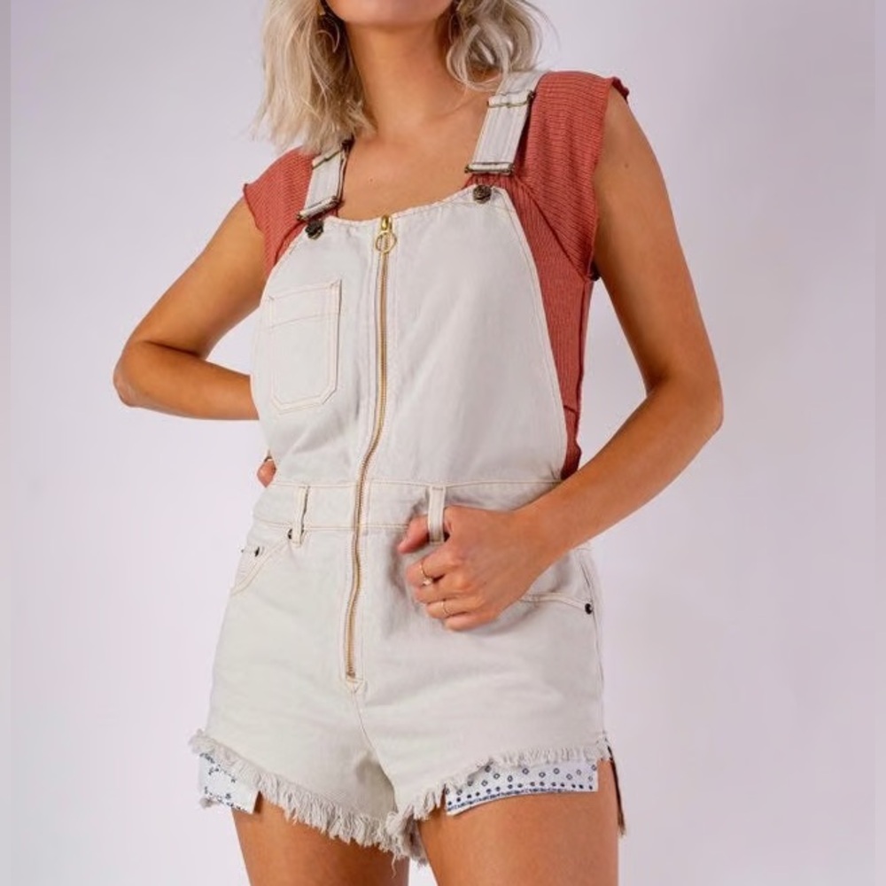 Free People Off White Sunkissed Short Overalls Raw Hem 0